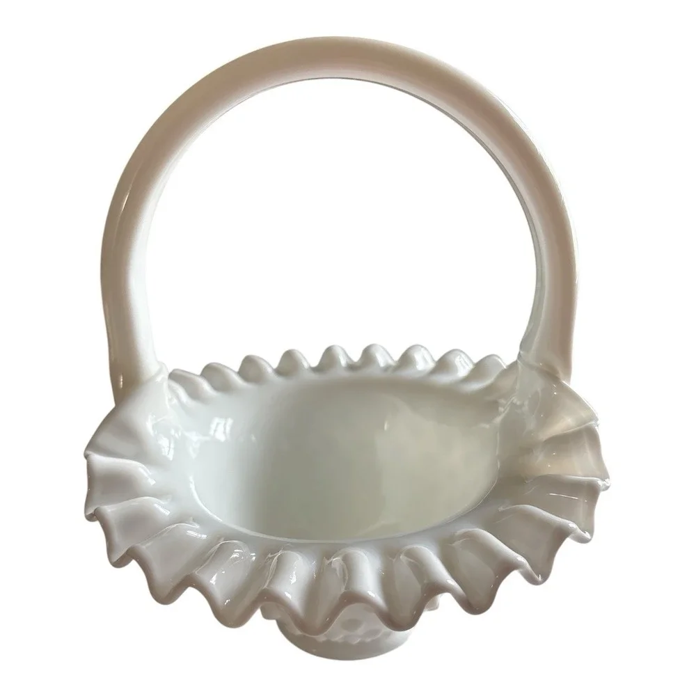 Vintage Fenton White Milk Glass Hobnail Basket w/Handle. Candy Trinket Bowl. EC